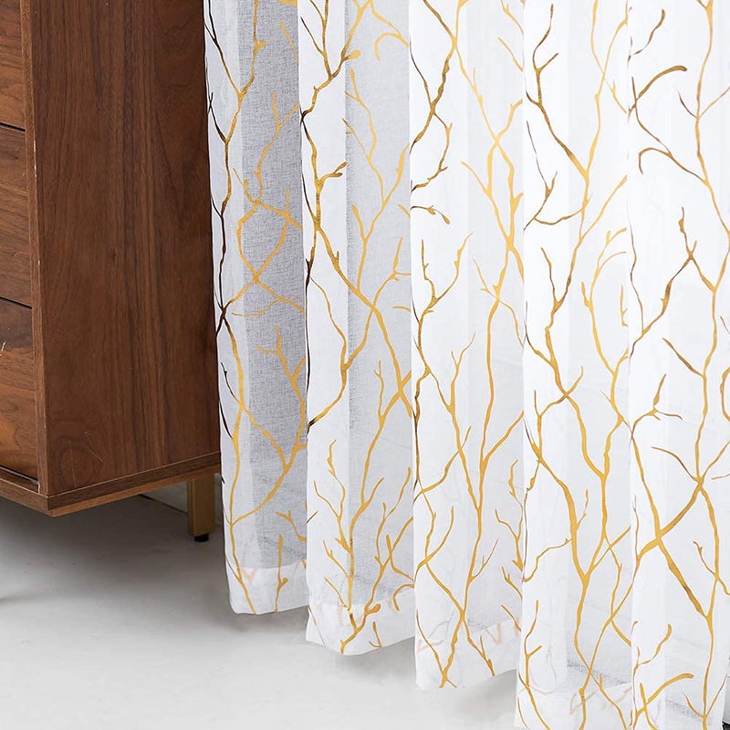Kotile Gold and White Sheer Curtains 63 Inch Length 2 Panels Metallic Tree Branches Shimmer White Sheer Curtains for Bedroom Grommet Privacy Window Tree Curtains, 52 x 63 Inch, White Gold - Image 5